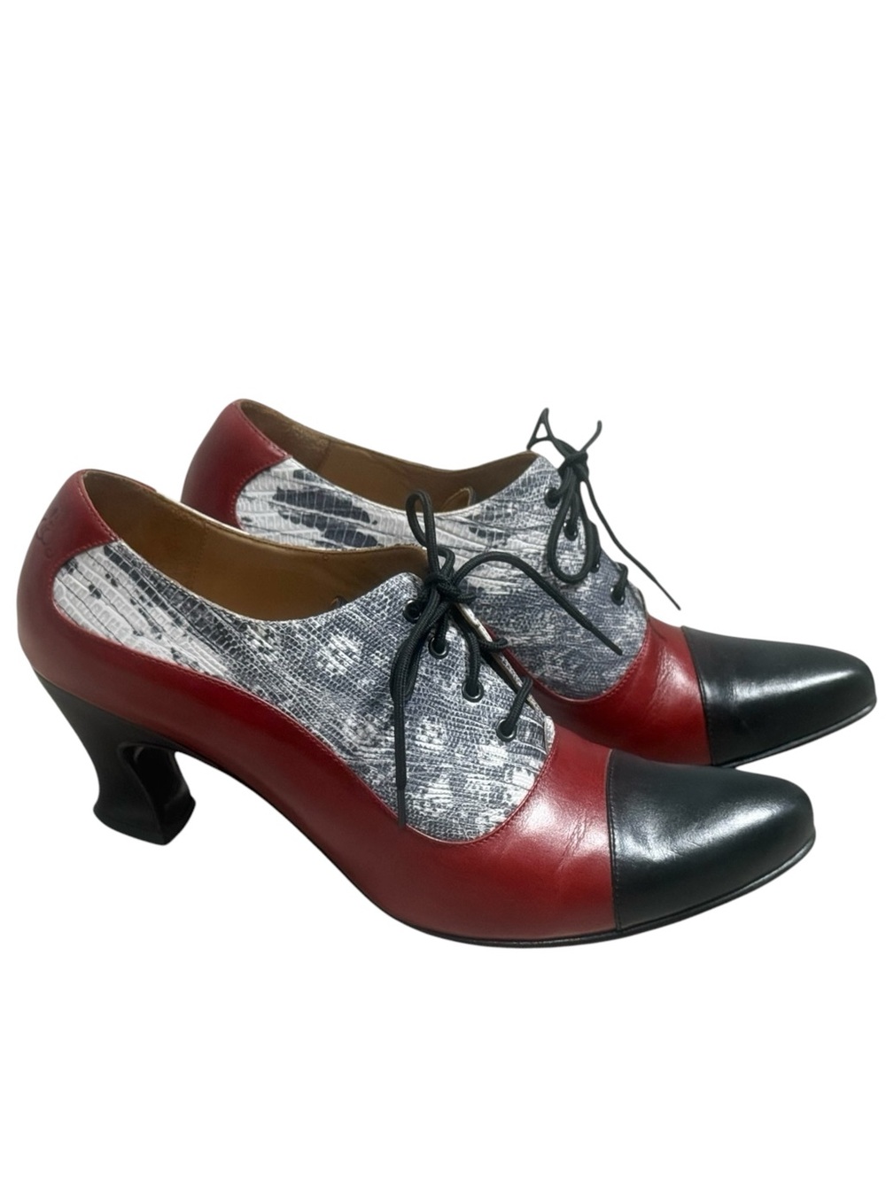 John Fluevog Wonder K2 Two-Tone Oxford Heels Red Black Snake Print Size 10 EUC